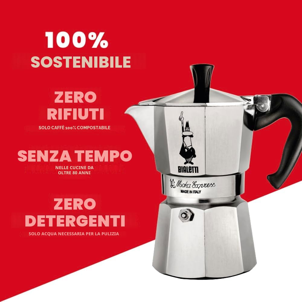 Bialetti Caffettiera Moka Express 2 Tazze, Manico anti scottatura, Non adatta a induzione, (90 ml), Alluminio
