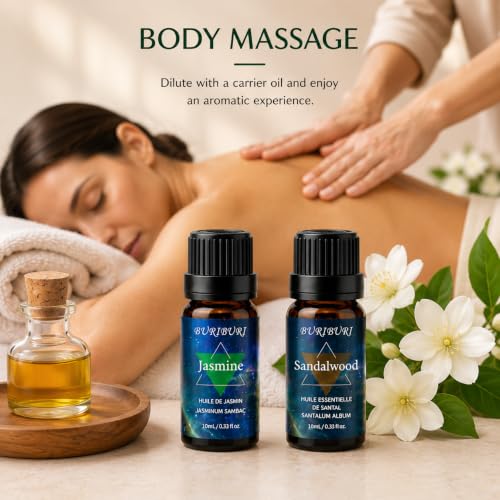 Image of BURIBURI Sandalwood Jasmine Oil Gift Set, 100% Pure, Undiluted, Aromatherapy Essential Oils, 10MLx2