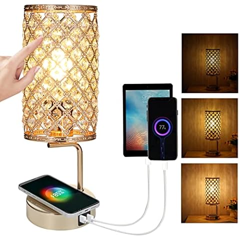 Crystal Bedside Lamp, Touch Table Lamp with Wireless Charger & Dual USB Charging Ports, 3 Way Dimmable USB Bedside Lamp for Living Room Bedroom Dresser Table Decoration Cafe Shop(6W Bulb Include) Cover