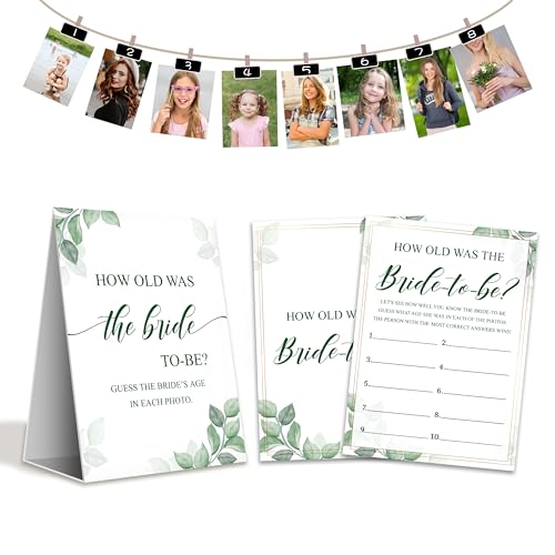 Gihyan Bridal Shower Game Set - How Old was The Bride-to-Be Card Game - Greenery Wedding Shower Games - Bachelorette Engagement Party Supplies Decorations - 1 Sign and 30 Cards (01)