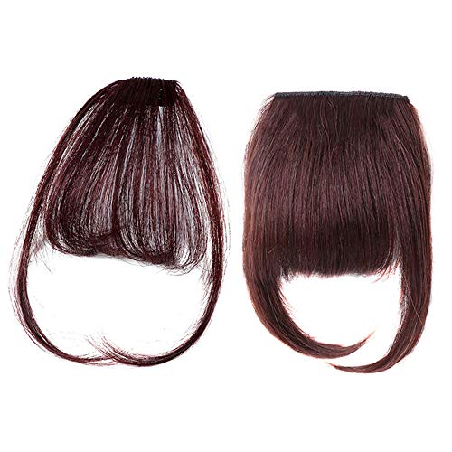 YMHPRIDE 2 PCS Hair Bangs Clip in Human Hair Dark Red Brown Clip in Hair Bangs Fringe Hairpieces Flat Air Bangs Straight Flat Bangs with Temples for Women