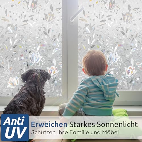 Image of rabbitgoo Window Privacy Film, Stained Glass Cling, Tulip 35.4 inch x 78.7 inch | Decorative Rainbow Sticker, Sun Blocking Heat Control, Renter-Friendly Static Cling Reusable Frosted Covering for Home Door