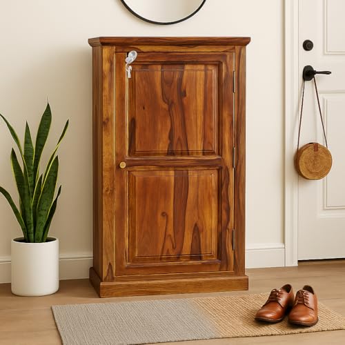 Image of Sheesham Wood Shoe Cabinet for Home | Solid Wood Shoe Rack with Door & Lock | Entryway & Hallway Storage Organizer | Natural Finish | Holds 15-18 Pairs | No Assembly Required