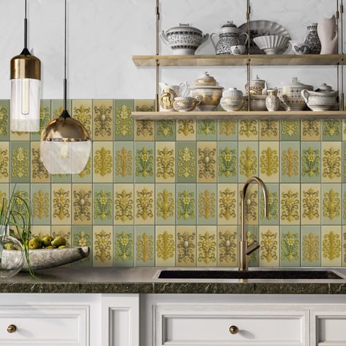 Azulejos Adhesivos Cocina Flor Verde Dorada Vinilo Adhesivo Pared Pvc Azulejos Adhesivos Baño Impermeable Revestimiento Pared Pvc Duradero Vinilo Cocina Baldosas Adhesivas Pared 10.16x20.32/64 pcs