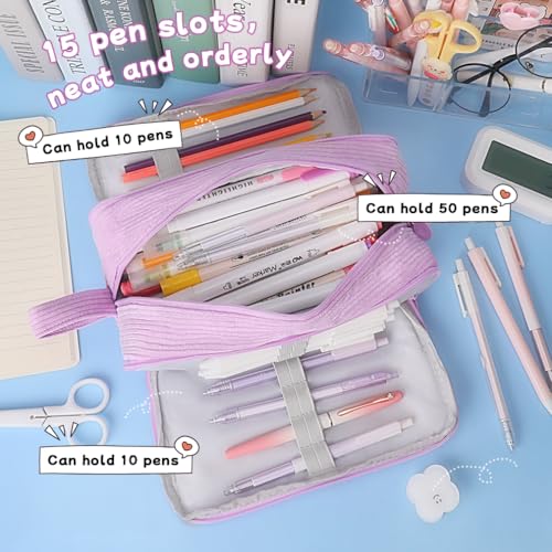 Image of iSuperb Big Capacity Corduroy Pencil Case 3 Compartments Pen Pouch Simple Organizer Bag Large Capacity Pencil Box for Adults (Purple)