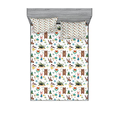 Ambesonne Animal Fitted Sheet & Pillow Sham Set, Cartoon Style Cheerful Woodland Animals as Bear Mole Deer Rabbit and Snail, Decorative Printed 6 Piece Bedding Decor, Calking, Brown White
