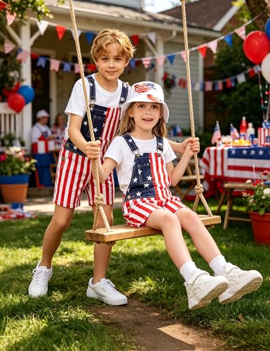 Image of OeyFnbmO Kids 4th of July Outfit Boy American Flag Overall Girl Stretch Denim Jumpsuit USA Shorts with Zipper Fly