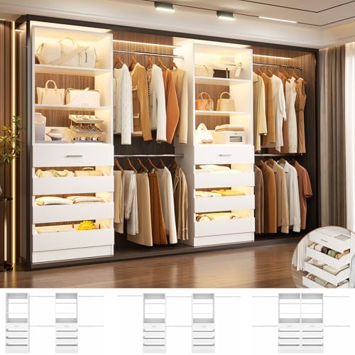 Aheaplus Closet System, 6-15Ft Closet Organizer with 8 Wooden Drawers, Wood Closet Organizer System with Tower, Walk-in Closet Organizer Wardrobe Clothes Rack with 4 Hanging Rods, Garment Rack, White