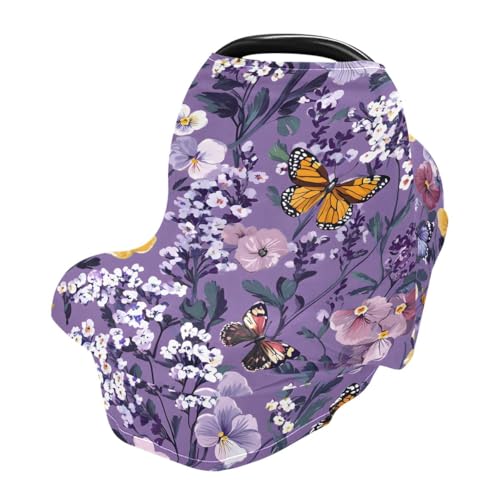 Baby Car Seat Canopy Covers Nursing Cover Stretchy Boys Girls Purple Flowers Carrier Cover Breastfeeding Cover Breathable