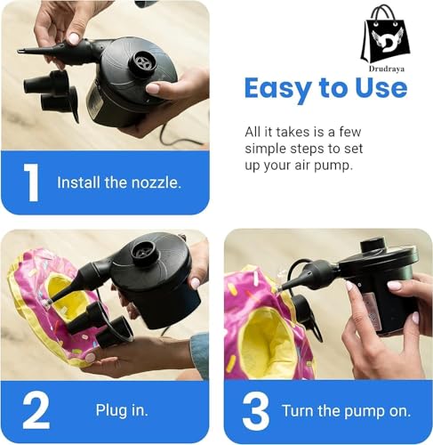 Image of DRUDRAYA Electric Air Pump for Inflatable Swimming Pools, Air Beds & Toys | Portable High-Pressure Pump for Mattress, Pool Floats, Sofa - Ac 230v Air Blower for Indoor & Outdoor Use - Black