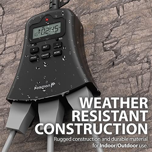 Fosmon 7 Day Digital Outdoor Timer With 3 Grounded Outlets, Weatherproof, 1875W, 1/2 Hp, 16 On/Off Programs, Heavy Duty, Outdoor Light Timer Programmable For Electrical Outlets, Etl Listed #TOP6