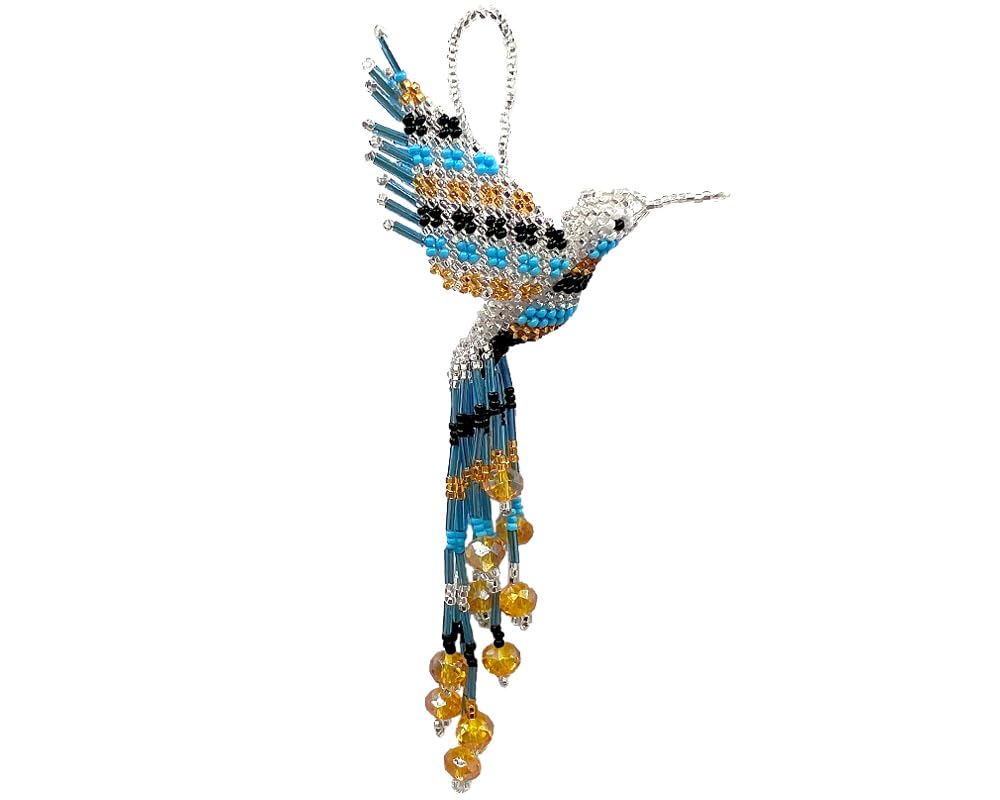 Mia Jewel ShopHummingbird Hanging Figurine Ornament Czech Glass Seed Bead Fringe Tail Dangles - Handmade Gifts Spirit Animal Boho Accessories (Silver/Light-Blue/Gold)