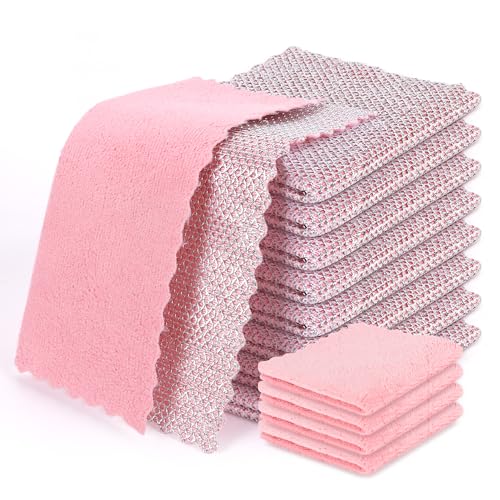 12pcs Multipurpose Wire Dishwashing Rag 9.64x9.64 in Non Scartch Wire Dishcloth for Wet And Dry Pink Stainless Steel Cleaning Cloth Reusable for Kitchen Washing Dishes Cookware Sinks Dishes Stove Tops