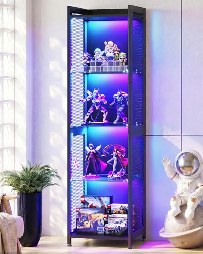 AODK Display Case with LED Lights Display Cabinet with Open Glass Shelves for Small Space 4-Tier Corner Display Shelf with Industrial Mesh Curio Cabinet for Collectibles Bookcase