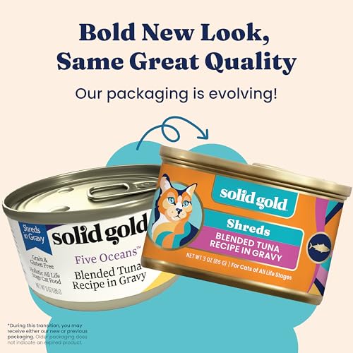 Image of Solid Gold Wet Cat Food Shreds in Gravy - Healthy Canned Cat Food Made w /Real Tuna Shreds, Vitamins, Minerals & Taurine - Grain Free & Gluten Free Canned Meals for Cats & Kittens - 24ct /3oz Can