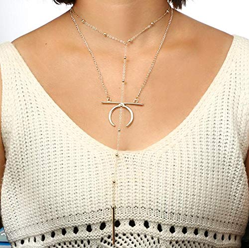 Preisvergleich Produktbild Jovani Böhmen Perlen Chokerhalsketten Multilayer Crescent Moon Bar Anhänger Halskette Kette Schmuck für Frauen und Mädchen (Gold)