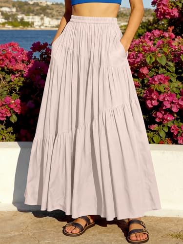Image of ANRABESS Women's Boho Elastic High Waist Pleated A-Line Flowy Swing Asymmetric Tiered Maxi Long Skirt Dress with Pockets