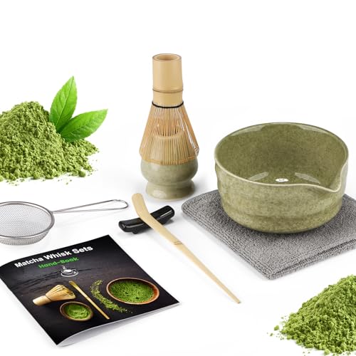 7 Piece Matcha Set, Fouet Matcha, Macha Tea Set with Matcha Spoon, Whisk Holder, Matcha Balai, Shovel, Strainer, Matcha Kit Traditional Japanese Tea Ceremony Best Gift for Lovers, Vert moucheté