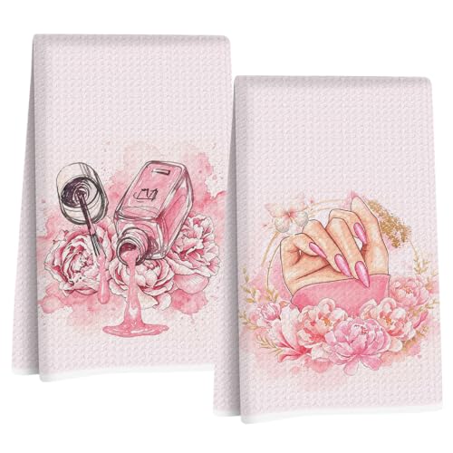 Image of Hanamiya Na 2 Pcs Pink Hand Towels, Nail Polish Decor Reusable Dish Towels