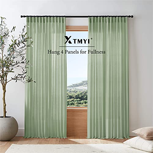 Image of XTMYI Sage Green Sheer Curtains 63 Inch Length for Living Room,Boho Rod Pocket Light Filtering Linen Semi Transparent Bedroom Curtains Drapes 63 Inches Long 2 Panels Set for Bathroom Window Kitchen
