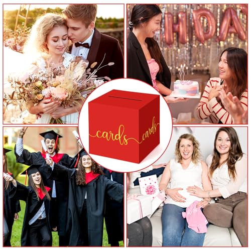 Image of Hooqict Red Gift Card Box with Slot 9.1 inch Gold Foil Card Box for Party, Graduation, Wedding Reception, Birthday, Christmas, New Year, Raffle Ticket Money Envelope Holder