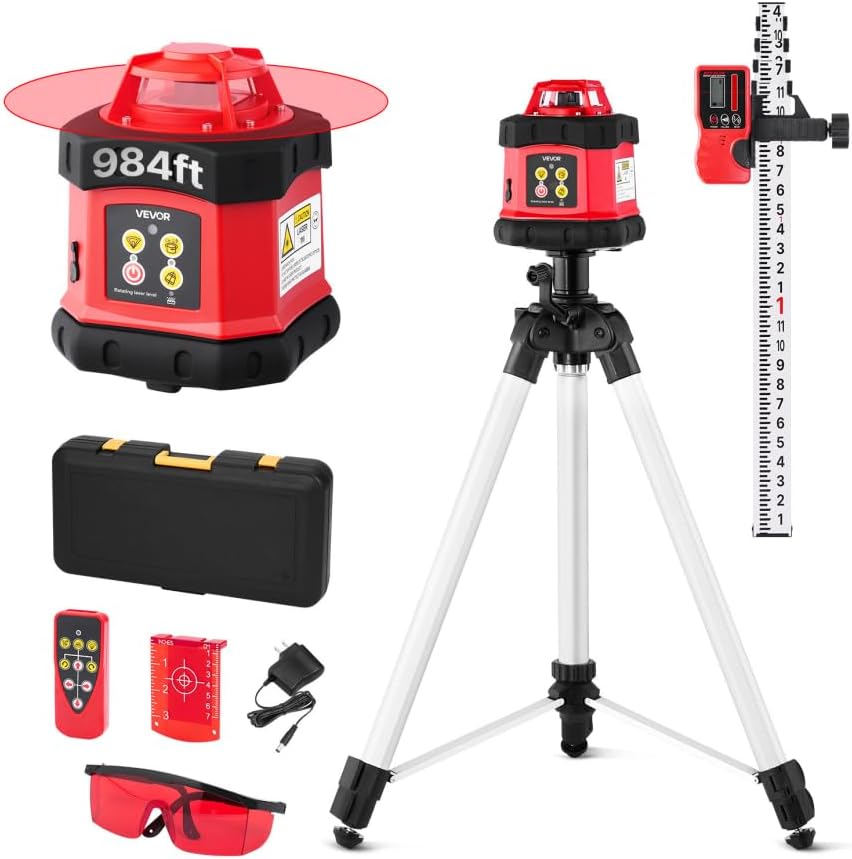 VEVOR Rotary Laser Level Kit, 984ft 360-Degree Self Leveling Red Horizontal Laser Transit,with Tripod,Receiver,Remote Control, Scale, Toolcase, IP54 Waterproof, 0.12in/100ft Precision for Construction