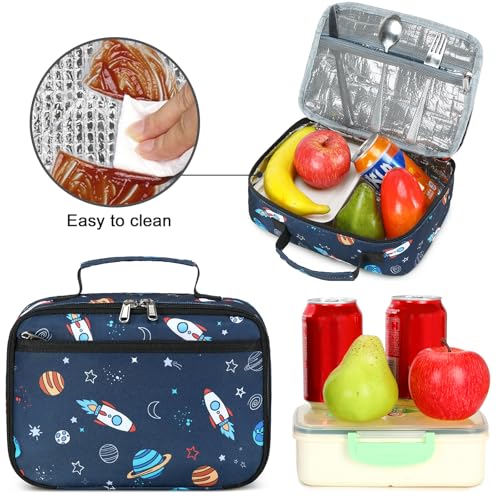 Image of Lunch Box for Kids Boys Insulated Lunch Bags Toddler Lunch Tote Bag Thermo Picnic Cooler Bag for School Children (Spaceship-Navy Blue)