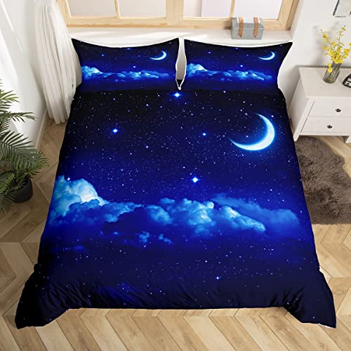 Homemissing Blue Galaxy Ensembles de Housse de Couette Parure de Lit sur Le Thème de l'espace 220x240cm Ciel Étoilé Lune Housse de Couette pour Enfants Univers...