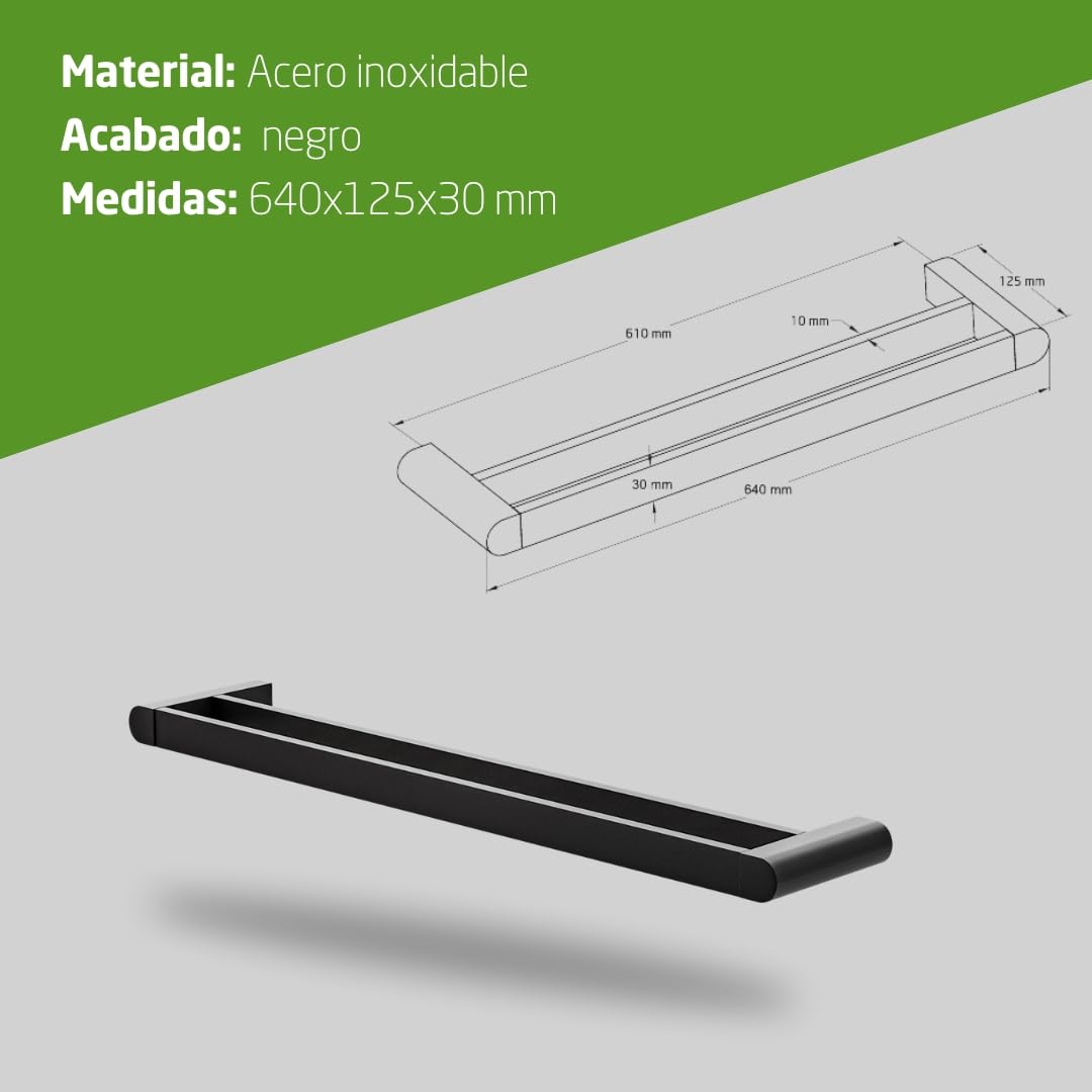 Amig - Toallero de baño Doble Barra Mod. OMA-1 - Soporte de Pared para Toallas con Tornillos incluidos - 640 x 125 x 30 mm - Zamak - Negro Mate