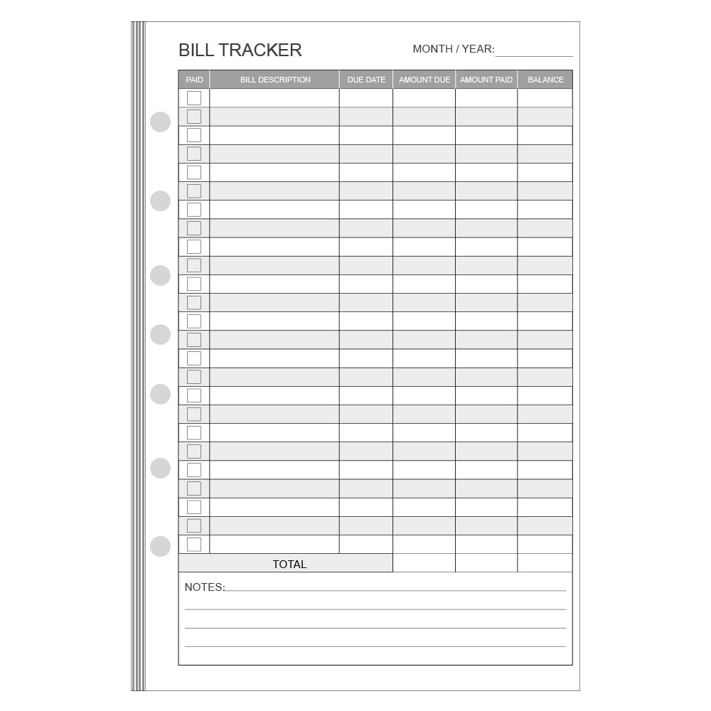 Wkłady do śledzenia płatności rachunków – wkłady do planera Filofax, organizera, segregatora, 7 otworów, 100 g/m², 100 arkuszy/200 stron, biały papier, miesięczne formularze budżetowe, 14 cm x 21,5 cm