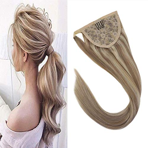 VeSunny 14inch Blonde Hair Extensions Ponytail Clip on Ponytail Extension Human Hair Color #18 Ash Brown Mixed #613 Bleach Blonde 80G/Set