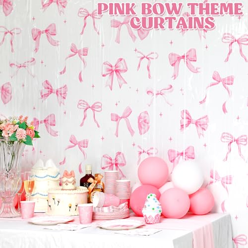 Image of 3 Pack Pink Bow Tinsel Foil Fringe Curtains Pink Bow Party Backdrop 3.3 x 6.6 ft Coquette Streamer Hanging Decoration for Baby Shower Bachelorette Bridal Shower Birthday Party Decor Photo Booth
