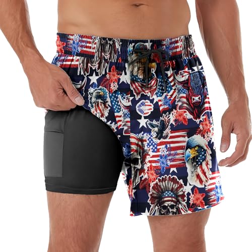 Mens Swim Trunks 7 Inch with Compression Liner 2 in 1 Quick-Dry Swimwear, Elastic Waistband and Phone Pocket