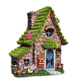 ASAWASA Resin Fairy House Statues with Solar Powered Lights, Funny Garden Sculptures with Flocked and Cobblestone Decor, Exquisite Garden Cottage Figurines