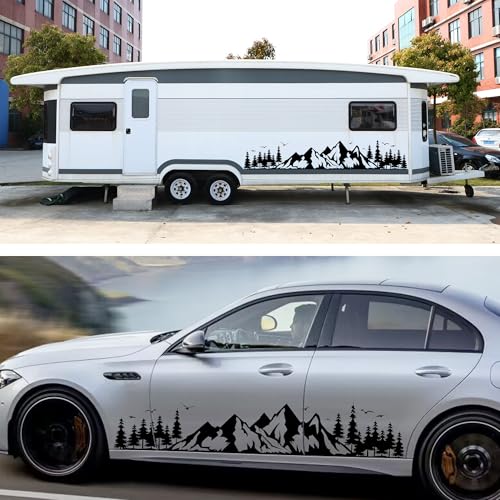 Image of TOMALL 1 Pair Fir Mountain Forest Vinyl Decals for Car Body Door Sides Universal Waterproof Tree Graphic Stickers Decoration for Travel Trailer Camper Vehicles SUV Truck Off-Road (Large-Black)