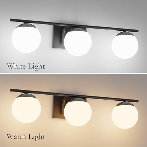 Miniatura 4 de Ralbay Luces de baño negras mate - 3 luces modernas de mediados de siglo con vidrio lechoso para iluminación de pared