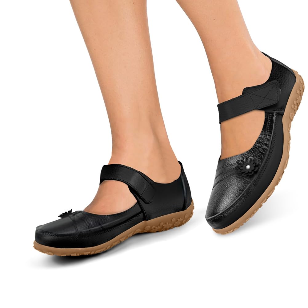OFFCUP Damskie skórzane buty Mary Jane, damskie płaskie buty o szerokim kroju, kwiecista podeszwa z rzepem do chodzenia na co dzień sandały buty, buty pielęgniarskie do pracy biura, rozmiar 36/6,5/7