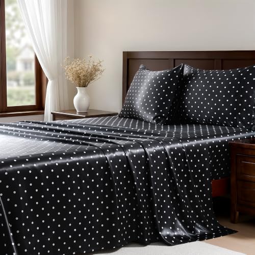 Image of MR&HM Satin Bed Sheets with Elastic Corner Straps, Queen Size Sheets Set, 4 Pcs Silky Bedding Set with 15 Inches Deep Pocket for Mattress (Queen, Polka Dot Black)