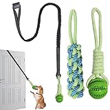Interactive Dog Toys with Indoors/Outdoors, Tug of War Toys for Small, Medium and Large Dogs, Green Kit Includes Elastic Cord, Rubber Ball, Cotton Stick