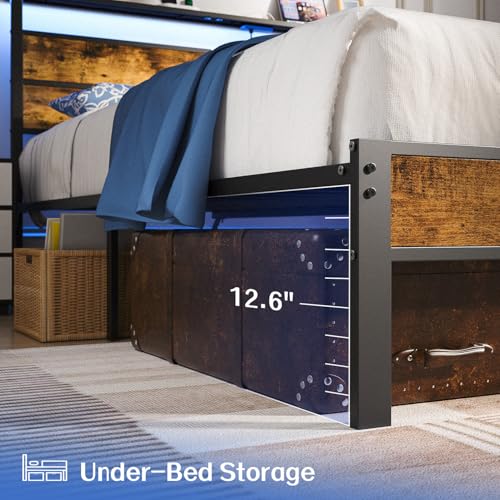 Image of Liians Full Size Bed Frame, Full Bed with Charging Station Headboard and LED Lights, Platform Bed with Metal Slats, No Box Spring Needed, Noise Free, Easy Assembly