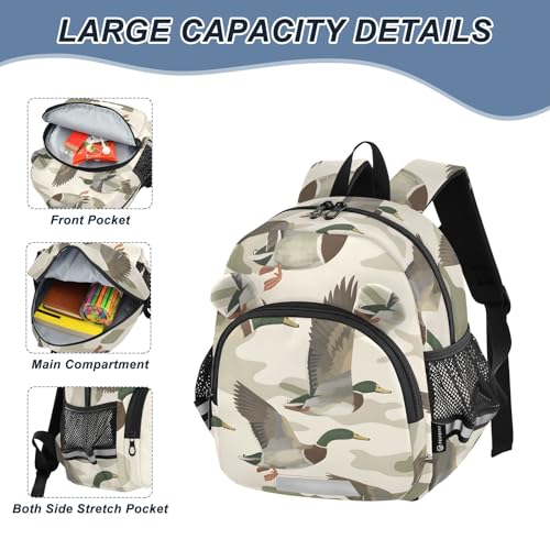 Wild Duck in Camouflage Background Toddler Backpack for Girls Boys 3-6, Kids Backpack with Leash, Preschool Kindergarten School Bag Mini Backpack for School Travel4