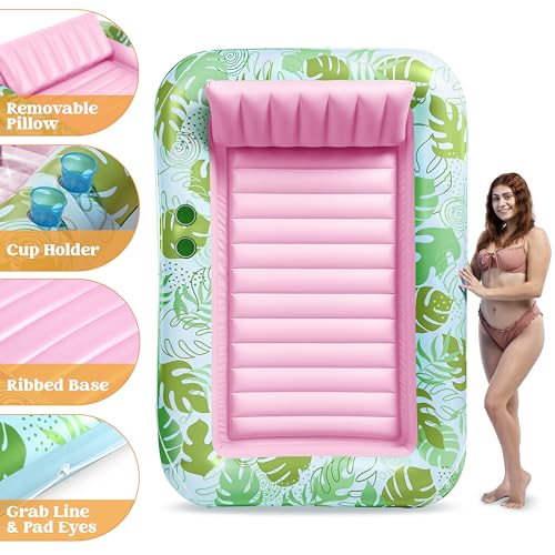 Sloosh XL Inflatable Tanning Pool Lounger Float for Adults, 85" x 57" Extra Large Suntan Tub Pool Floats Sun Tan Tub Ice Bath Tub Tanning Bed Blow up Pool Raft Lounge Floatie, XL-Cyan Pink - 2