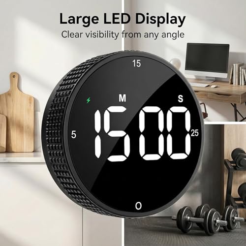Rechargeable Magnetic Kitchen Timer, LED Countdown/Count-Up Timer, Supports USB-C Charging, with Loud Alarm, 3 Preset Quick Times (5/15/25m), Perfect for Kitchen Cooking, Studying, and Fitness (Black) - Image 4