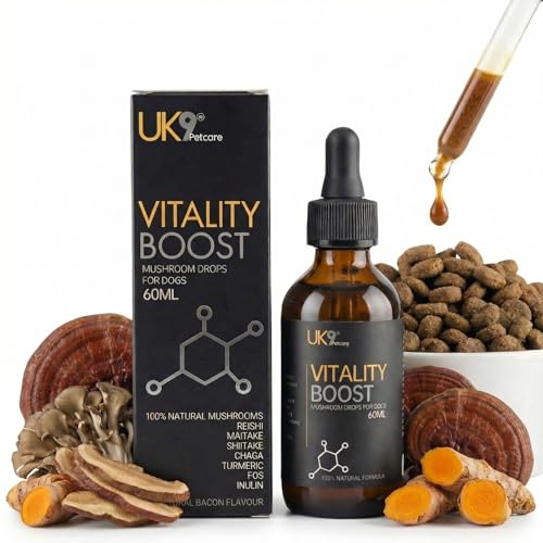 UK9 Vitality Boost Immune Support Vitamins for Dogs Wild Mushroom for dogs with Chaga Turkey Tail Shiitake Reishi and Maitake Mushroom Extract Beta Glucan 60ml easy dosage liquid k9 drops.