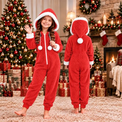Girls Chrismas Pom Pom Hoodie Faux Fur Trim Drawstring Fleece Jumpsuit Xmas | Girls Chrismas Pom Pom Hoodie,Long Sleeve,Faux Fur Trimdx Drawstring Fleece Jumpsuit,Xmas,Winter Warm,Holiday,Soft Fashion - image 5