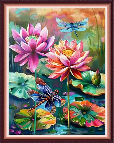 Image of Funxvoot Stamped Cross Stitch Kits for Beginners or Adults Embroidery Starter Patterns | DIY Printed Cross Stitch Kits Needlepoint for Adults 11CT-Dragonflies, Lotus Flowers 16x20 inch