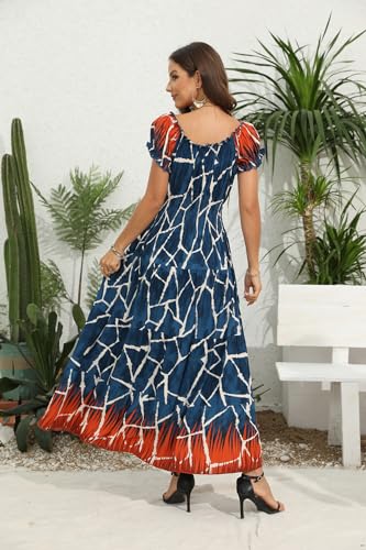 Image of OSTOO Women's Floral Maxi Dress Boho Summer Short Sleeve Smocked Waist Tiered Long Dress