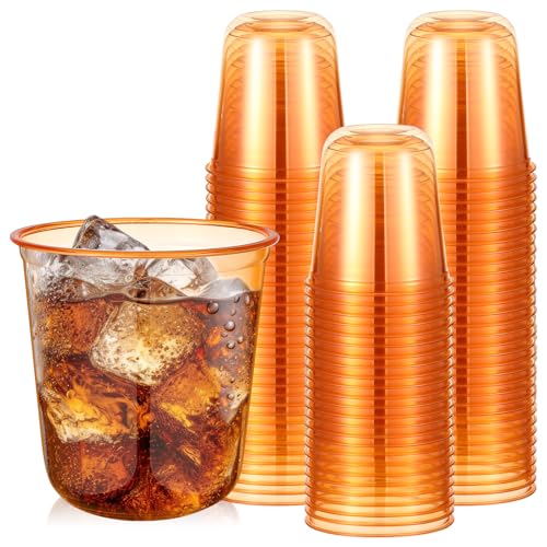 Ziliny 50pcs Disposable Stemless Glasses 12oz Crystal Plastic Wine Glasses Clear Classic Pet Cup for Meeting Weddings Birthdays Cocktail Christmas Party Supplies (Orange)