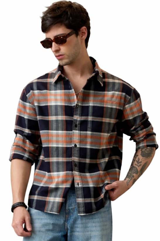 Image of The Souled Store Plaid Shirt: Mystic Jade Men and Boys Long Sleeve Spread Collar Black Plaid Cotton Lightweight Easy to Style Everyday Office Wear Relaxed Shirt