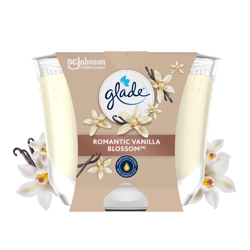 Glade Vegane Kerze, langlebig, Duft, mit ätherischen Ölen – neue Formel ohne Palmöl – Romantic Vanilla Blossom – 4 Kerzen